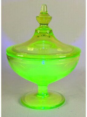 Vintage Yellow Uranium Vaseline Glass Covered Candy Dish